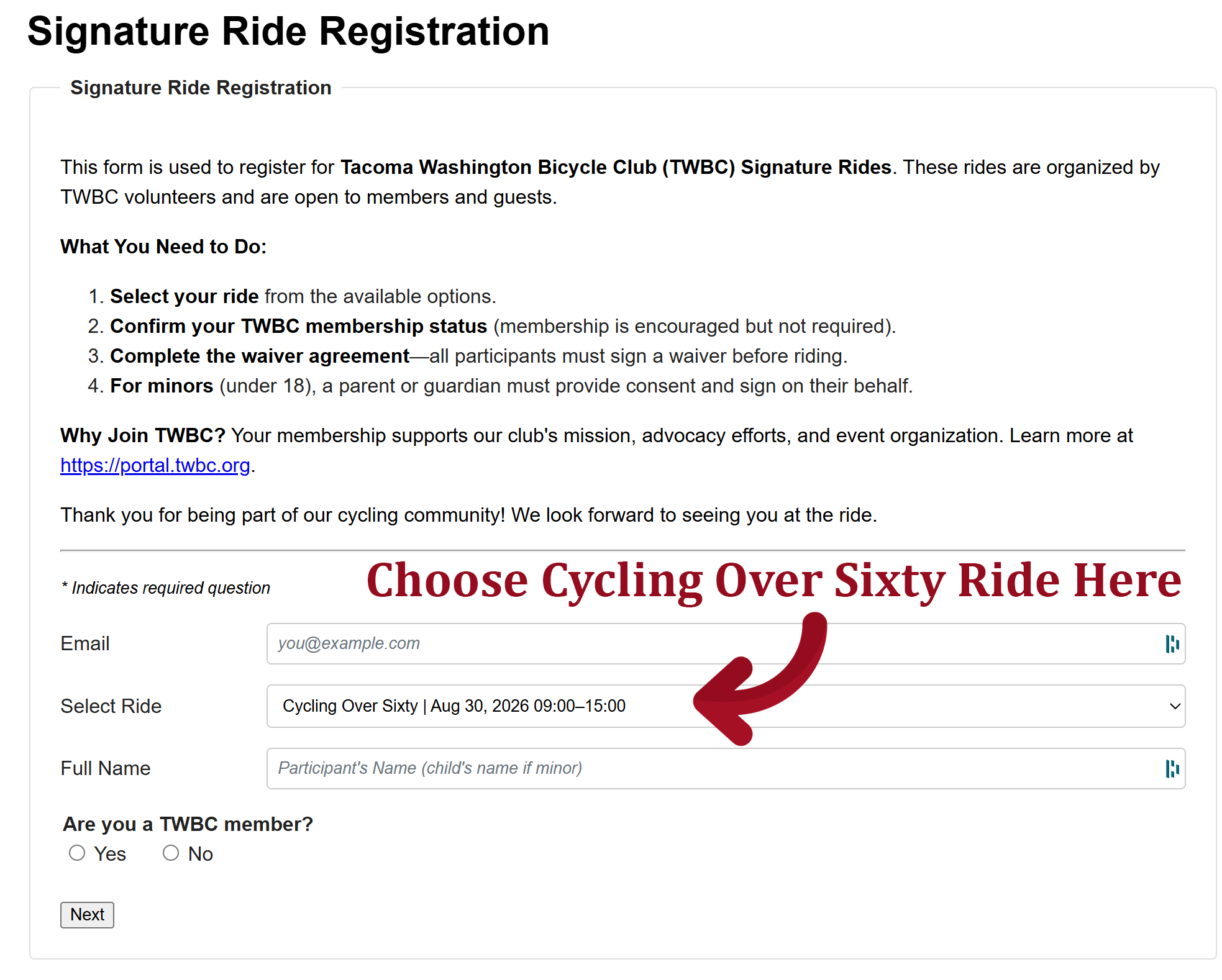 Instructions for registering for the Cycling Over Sixty Ride on the TWBC website